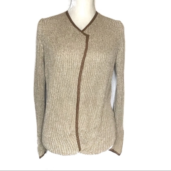 LUCKY BRAND LEATHER ZIPPER DETAIL TAN CARDIGAN - Picture 3 of 8